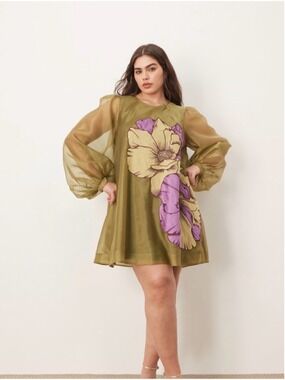 ARRANGE Curve applique floral volume sleeve a-line mini dress in green size 14